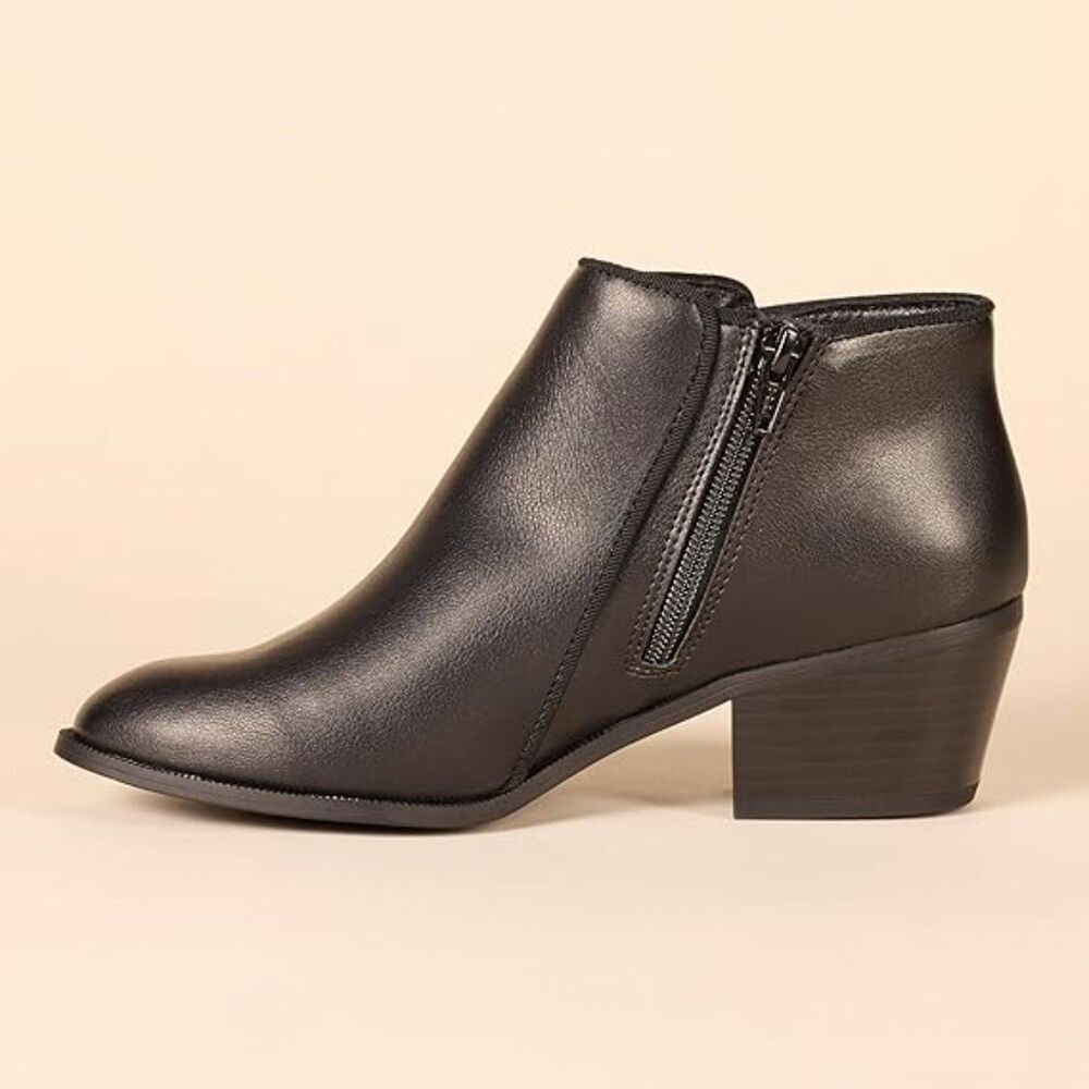 Women's Black Faux Leather Block Heel Round Toe Casual Ankle Boots
